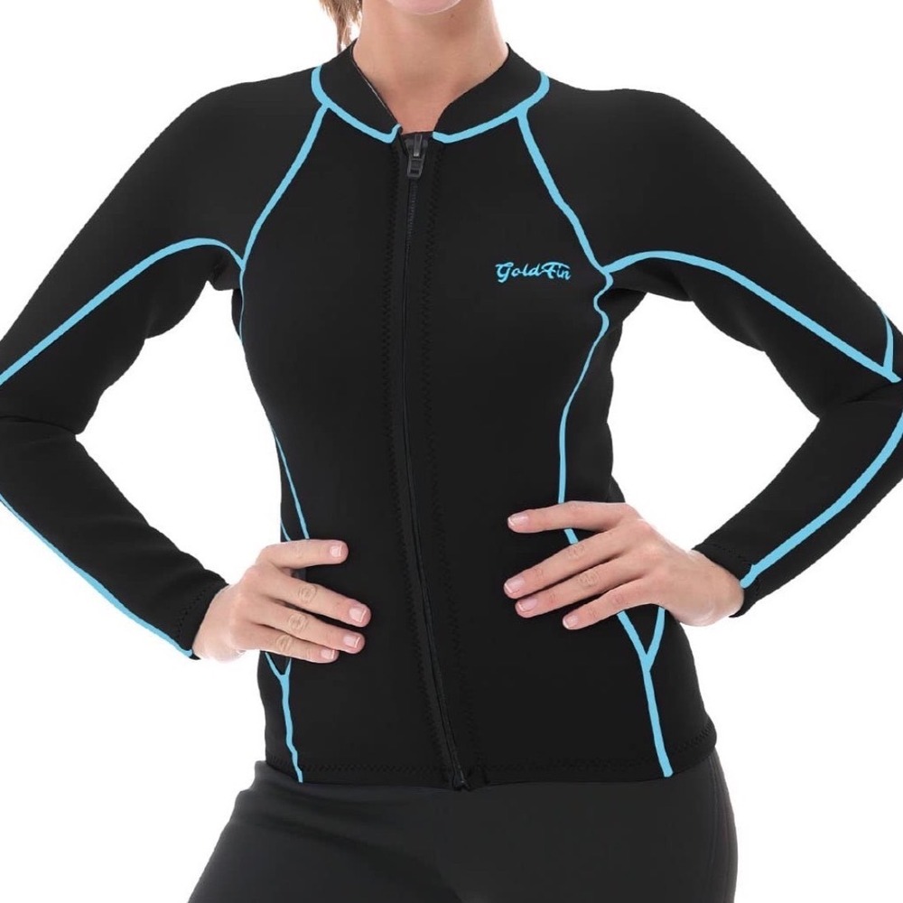 GoldFin Wetsuit Top Women Large Black Blue Excellent 2mm Neoprene Front Zip